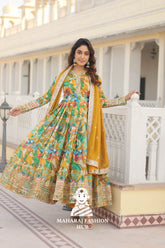 Embroidered Russian Silk Gown Set with Fancy V Neck - Special Designer Gown